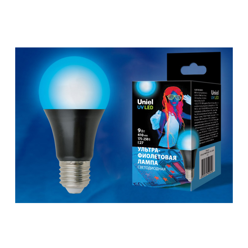 LED-A60-9W/UVAD/E27/FR PLZ07BK Лампа светодиодная ультрафиолетовая для дискотек . Спектр UVA 410нм. LED-A60-9W/UVAD/E27/FR PLZ07BK Лампа светодиодная ультрафиолетовая для дискотек . Спектр UVA 410нм.